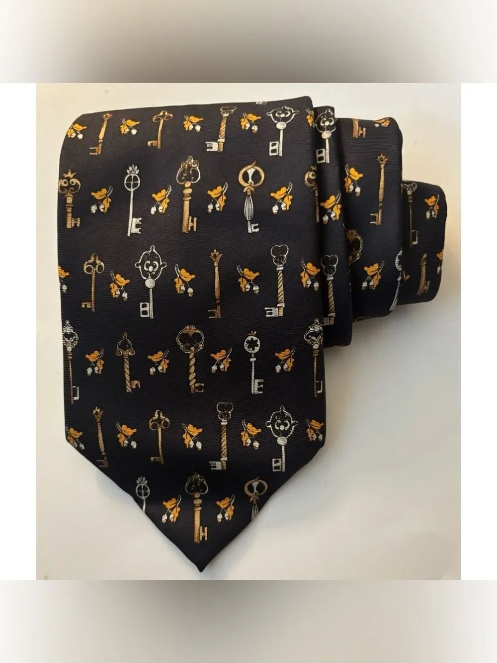 Vintage Longchamp Black Silk Tie with Gold and Silver Key Motif